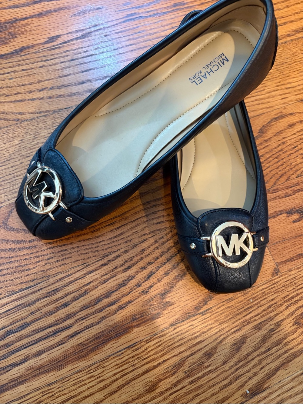 MICHAEL Michael Kors Black Leather MK Logo Ballet Flats with Gold Hardware